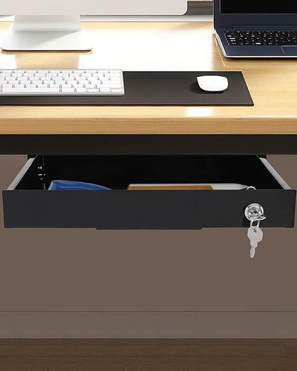 14.17" Under Desk Storage Drawer, Locking Design Black Sliding Pull-Out Drawer for Sit Stand Workstation