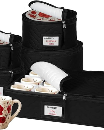 China Storage Containers 5-Piece Set Moving Boxes for Dinnerware, Glasses, Plates, Mugs and Saucers Sturdy Quilted Microfiber Dish Organizer with Dividers for Seasonal Storage - Holds Set of 12, Black