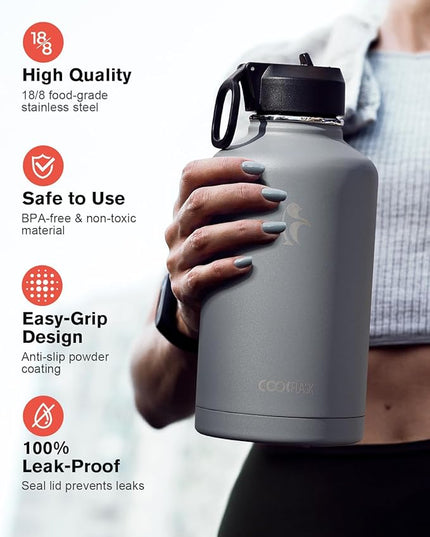 64 oz Insulated Water Bottle with Straw & 3 Lids, Coolflask Half Gallon Water Jug Large Metal Stainless Steel Wide Mouth for Sports, Gym or Office, Non-BPA Keep Cold 48H Hot 24H, Knight Grey