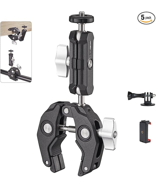Super Clamp Camera Clamp Mount Monitor 360°Ballhead Magic Arm Double Ball Head Adapter with 1/4"-20 & 3/8"-16 Thread for Canon Nikon DSLR Camera/Gopro/LED Light Ronin-M/Ronin MX/FreeflyMOVI