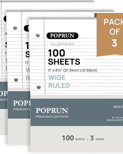 POPRUN Loose Leaf Paper, 8.5" x11" Wide Ruled, 100GSM / AA Grade Bulk Lined Filler Sheets, 3 Hole Punched for Binder Notebook, Office School Supplies, 3 Pack (300 Sheets)