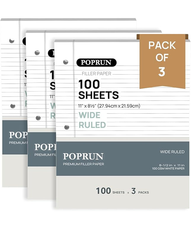 POPRUN Loose Leaf Paper, 8.5" x11" Wide Ruled, 100GSM / AA Grade Bulk Lined Filler Sheets, 3 Hole Punched for Binder Notebook, Office School Supplies, 3 Pack (300 Sheets)