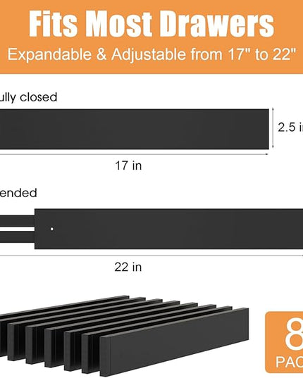 Bamboo Drawer Dividers,17-22" Adjustable Kitchen Drawer Organizer for Clothes,8 Pack Expandable Drawer Organization Separators for Bedroom,Bathroom,Dresser and Office,Black