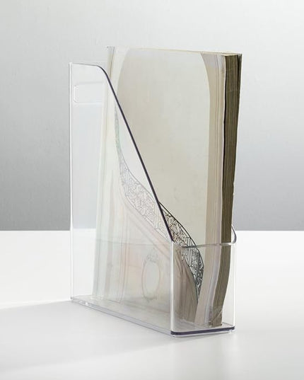 mDesign Plastic Slim Vertical File Folder Storage Organizer Bin with Handle - Hold Notebooks, Binders, Envelopes, Magazines for Home Office, Work Desktops, Ligne Collection, Clear