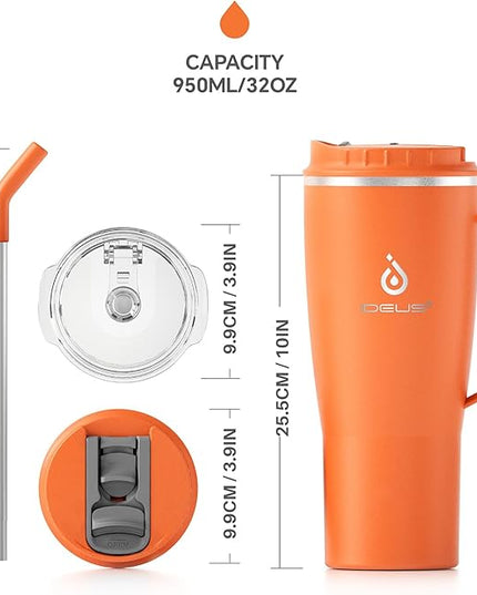 Ideus 32 oz Tumbler with Handle and Straw, Vacuum Insulated Stainless Steel Travel Mug, 100% Leakproof, Cup Holder Friendly, Orange