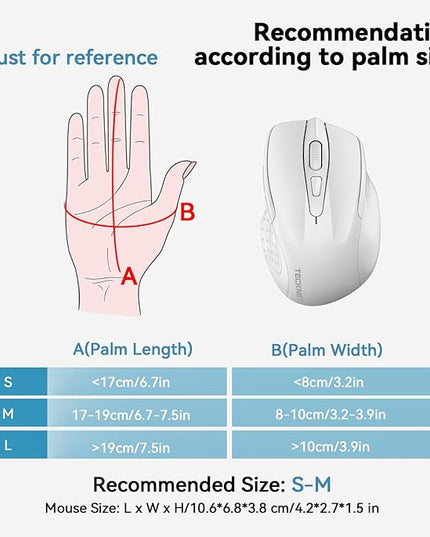 TECKNET Wireless Mouse (BT5.0/3.0 & 2.4G) Rechargeable 4800 DPI Silent USB A & Bluetooth Mouse 6 Buttons, Wide Compatibility - White