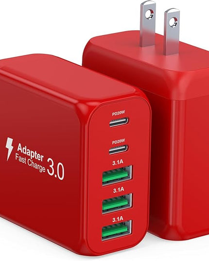 60W USB C Wall Charger, 2Pack 5-Port C Charger Fast Charging Block PD Power Adapter +QC 3.0 Multiport Type C Box Brick Cube USB A Wall Plug for iPhone 14/15/16/17 Pro Max, iPad,Samsung Galaxy(Red)
