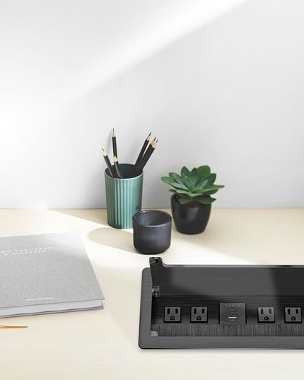 Embedded mesa Power Outlet Box, Table Power Multimedia Connectivity Box for Conference Study Room Home with 4 AC Outlet,USB-C Port Fast Charge 18W Length 4.9FT Power Cable (Brushed Black)