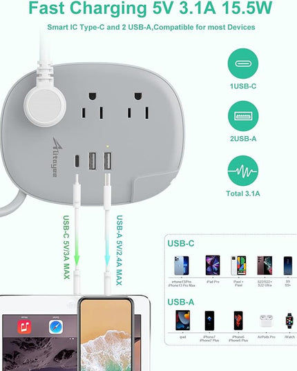Alitayee USB C Portable Travel Power Strip with 3 Outlets 3 USB Ports Fast Charge, USB Extendable Outlet Extender with Flat Plug and 3ft Wrapped Around Extension Cord for Cruise Travel Home Office