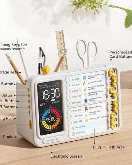 Electronic Visual Timer with Planning Board Pen Holder for Kids - 99 Mins Countdown Timer, Dry Erase Task Board, Daily Schedule & Chore Chart - Time Management & Goal Setting Tool for Home, Classroom
