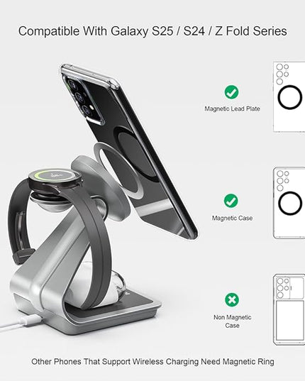 Bonola Wireless Charger for Samsung: Magnetic 3 in 1 Wireless Charging Station for Samsung S25 S24 Ultra S23 S22 S21, Aluminum Alloy Charger Dock Stand for Galaxy Watch Ultra/7/6/5/4, Buds 2/2 Pro