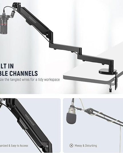 NEEWER MS002 Low Profile Desk Mic Boom Arm Stand with 360° Swivel Adjustable Pneumatic Damping Cable Management Cleaning Cloth, Desktop Mount Holder Compatible with Shure MV7 SM7B Blue Yeti Microphone