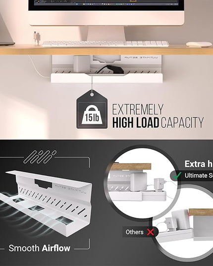 Under Desk Cable Management Tray no Drill – Wire Management - Cord Organizer – Huge Load Capacity – Under Desk Cable Tray no Drill (White, 1 Piece Set)
