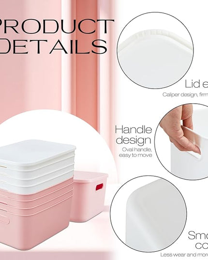 Hoolerry 8 Pieces Colorful Storage Bins with Lid, Plastic Storage Basket Organizing Container Stackable Box with Handle for Shelves Desktop Playroom Office(13.8 x 9.8 x 5.9 Inch,White and Pink)