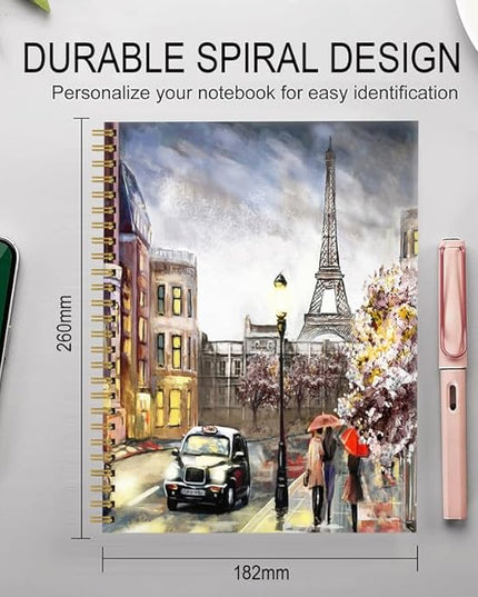 Spiral Journal Notebook for Women,A5 College Ruled Notebooks 6"x 8.4", 120 Pages (60 Sheets) Lined Journal with Premium Thick Paper,Perfect for School Office Home(Street in Paris)