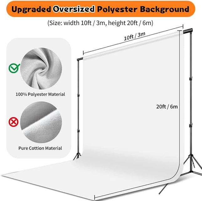 White Backdrop for Photoshoot, 10x20 ft Large Photo Backdrop Curtain for Photography, Seamless Polyester Fabric Background Screen for Party, Video Studio