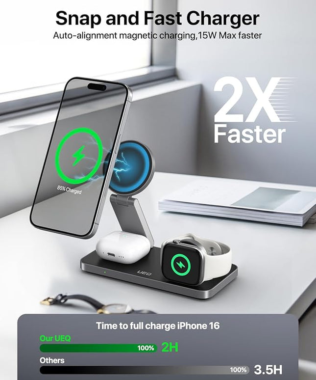 Foldable 3 in 1 Wireless Charging Station for Apple Magsafe Charger Stand,Fast Magnetic Wireless Charger Station for iPhone 17 Air 16 15 14 13 12 Series,Airpods Pro,Apple Watch Ultra (Pure Black)