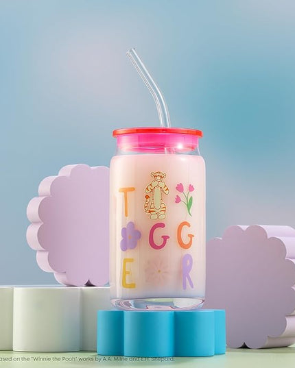 JoyJolt Disney Winnie the Pooh & Friends Flower Power Glass Tumblers with Lids and Straws, 16oz Glass Cups with Lids and Straws, Can Shaped Drinking Glasses Set of 4, Disney Gifts for Adults