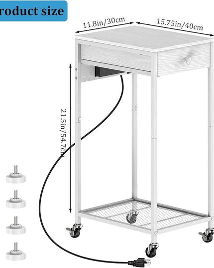 Computer Tower Stand, Adjustable PC Tower Stand CPU Holder Cart with Charge Station and USB Charging Port, 2 Tier Printer Stand with Wood Storage Drawer for Home Office Fax, White