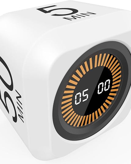 Rotating Cube Visual Pomodoro Timer 5, 25, 10 50 Minutes Preset + Custom Countdown, Rechargeable Desk Productivity Flip Timer with Detachable Silicone Cover for ADHD Study Work Kitchen School (White)