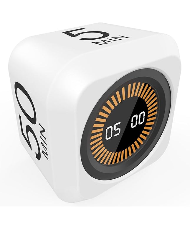Rotating Cube Visual Pomodoro Timer 5, 25, 10 50 Minutes Preset + Custom Countdown, Rechargeable Desk Productivity Flip Timer with Detachable Silicone Cover for ADHD Study Work Kitchen School (White)