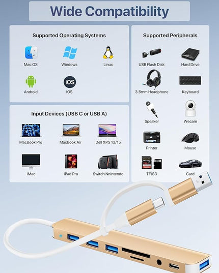 USB C/USB Hub Multiport Adapter,USB 3.0 Hub Aluminum 8 in 1 USB Splitter with SD/TF Card Reader,1 x USB 3.0, 3 x USB 2.0, 1 x USB C,and 3.5mm Audio Output for MacBook Pro Air,iPad Pro,Laptop-Gold