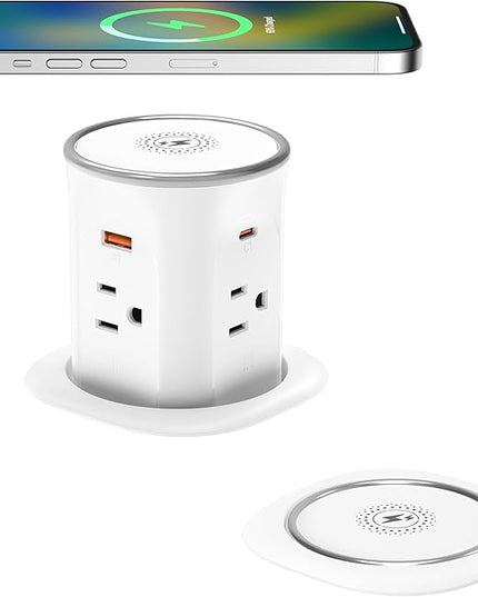 Jgstkcity Pop Up Outlet for Countertop 3.15-inch Desk Wire Hole Insert,9-in-1 Power Strip with 15W Wireless Charger,4 Outlets 4 USB Ports,15Amp Tamper Resistant Receptacle, ETL Listed