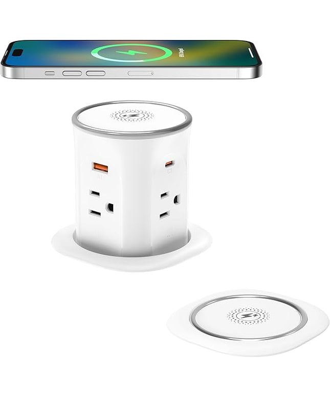 Jgstkcity Pop Up Outlet for Countertop 3.15-inch Desk Wire Hole Insert,9-in-1 Power Strip with 15W Wireless Charger,4 Outlets 4 USB Ports,15Amp Tamper Resistant Receptacle, ETL Listed
