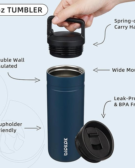 BJPKPK Insulated Water Bottle with 2 Lids,20 oz Double Wall Stainless Steel Vacuum Tumbler Travel Coffee Mug,Wide Mouth Thermal Cup,Navy Blue