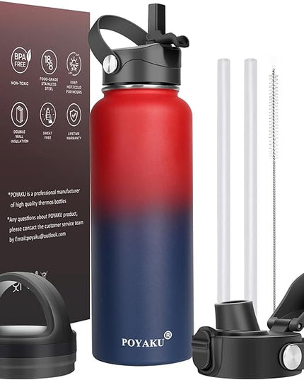 Water Bottle Insulated 32oz 40oz 64oz 128oz Straw Lid Spout Lid & 3 Lids, Leak Proof, Vacuum Insulated,Stainless Steel Water Bottle Wide Mouth for Sports, Gym or Office