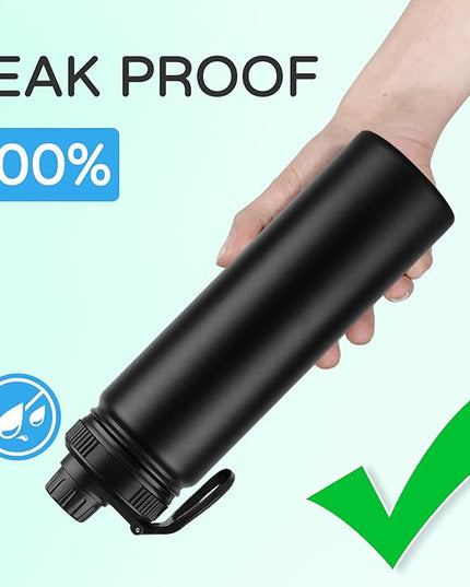DOMICARE Insulated Water Bottle, 22 oz Vacuum Insulated Stainless Steel Reusable Sports Bottle with Straw Lid & Spout Lid for Travel, Camping, Bike, Leakproof, Black, 8 Pack