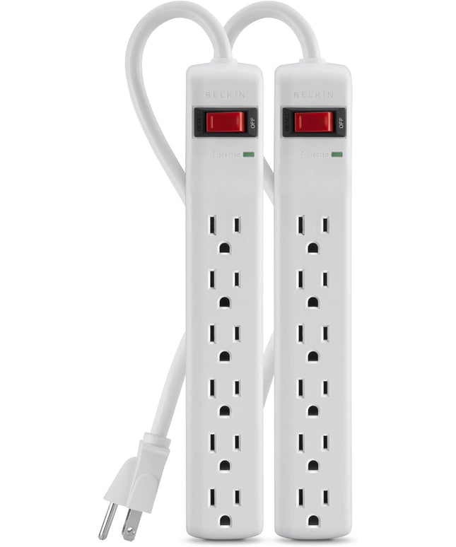 Belkin Power Strip Surge Protector - 6 AC Multiple Outlets, 2 ft Long Heavy Duty Metal Extension Cord for Home, Office, Travel, Computer Desktop & Phone Charging Brick - 200 Joules, White (2 Pack)