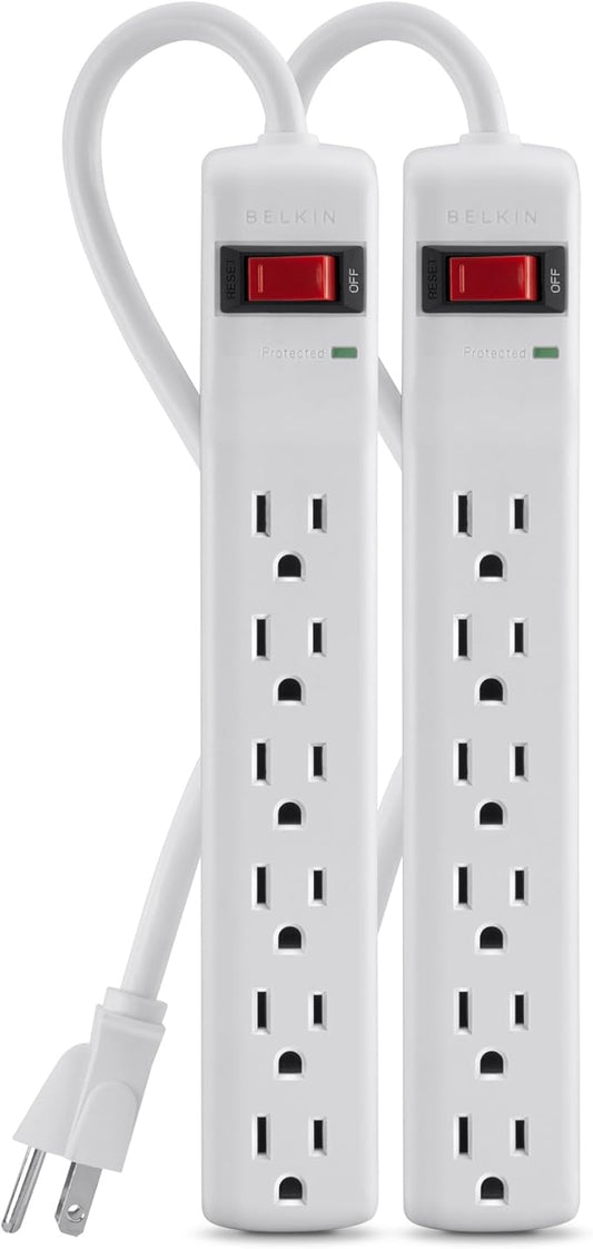 Belkin Power Strip Surge Protector - 6 AC Multiple Outlets, 2 ft Long Heavy Duty Metal Extension Cord for Home, Office, Travel, Computer Desktop & Phone Charging Brick - 200 Joules, White (2 Pack)