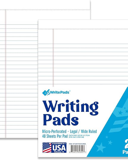 KAISA White Legal Pads Writing Pads Recycled Paper 8.5"x11.75" Wide Ruled Perforated 40 sheets Hard Back Notepads 8-1/2"x 11-3/4" Writing Tablet For Office Supplies Lined Paper (White 2pads)