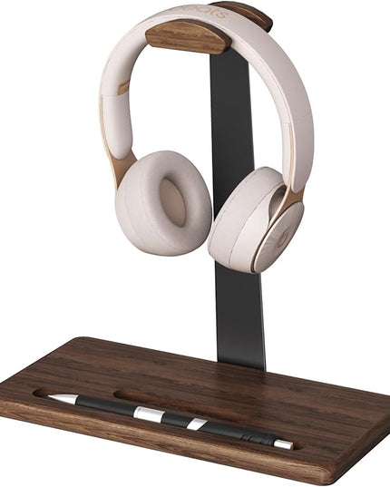 Walnut Headset Stand for Desk with Phone Holder | Headphone Stand Headphone Holder (Dark Walnut)