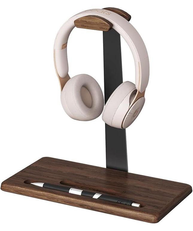 Walnut Headset Stand for Desk with Phone Holder | Headphone Stand Headphone Holder (Dark Walnut)
