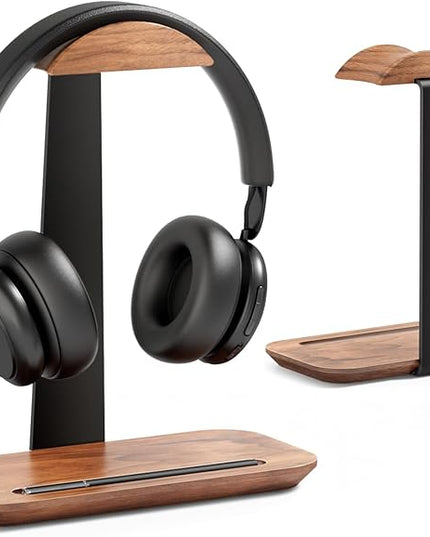 UPERGO Walnut Headphone Stand, Wood Headset Stand for Desk, Universal Headphone Holder with Storage Base for Gaming, Airpod max, Bose,Razer