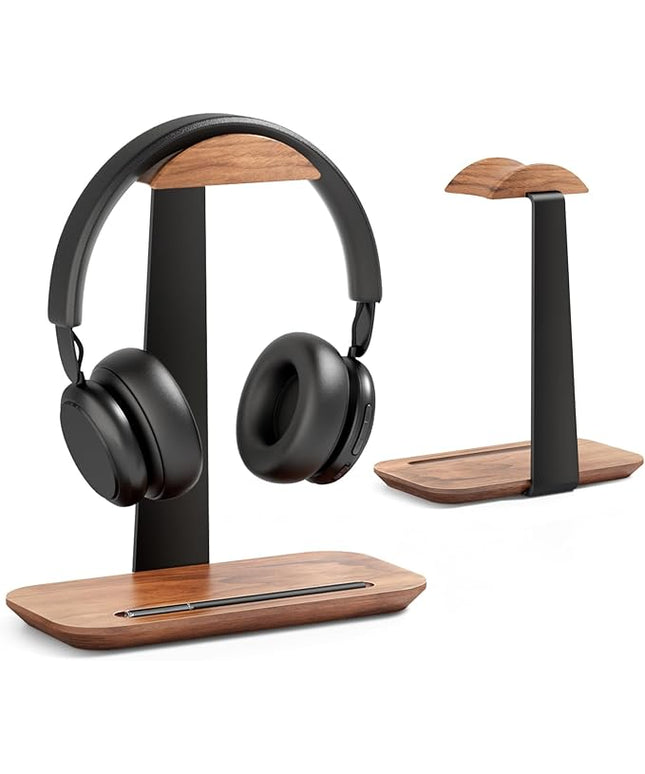 UPERGO Walnut Headphone Stand, Wood Headset Stand for Desk, Universal Headphone Holder with Storage Base for Gaming, Airpod max, Bose,Razer