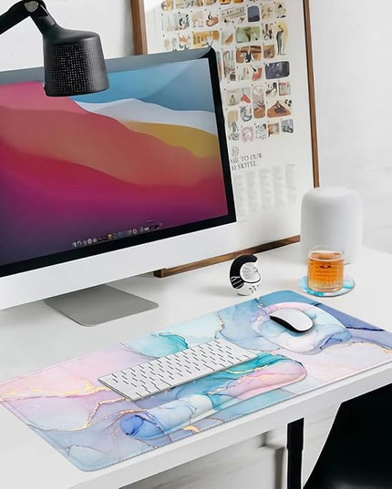 Keyboard Wrist Rest Large Mouse Pad Wrist Support for Computer, 4 in 1 Memory Foam Keyboard Pad Desk Mat Ergonomic Hand Rest Wrist Cushion for Home Office Gaming - Blue Marble