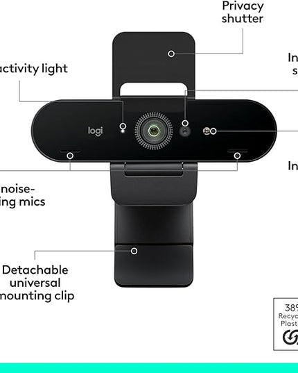 Logitech Brio 4K Webcam, Video Calling, Noise-Cancelling mic, HD Auto Light Correction, Wide Field of View, Windows Hello Works with Microsoft Teams, Zoom, Google Meet, PC/Mac/Laptop/MacBook/Tablet