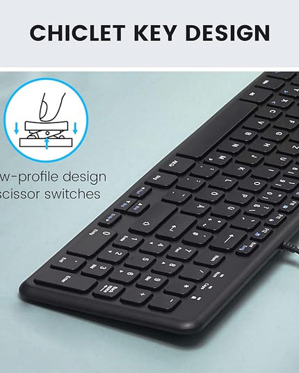 Perixx PERIBOARD-213C Wired Silent USB-C Scissor Keyboard - 14.45x4.76x0.71 Inches Compact Design with Number Pad - Black - US English