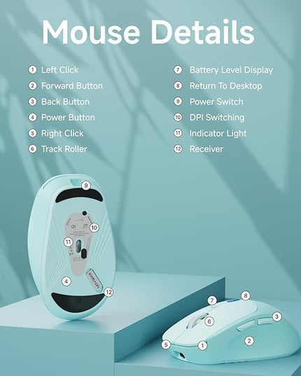 EWEADN Q5 Wireless Mouse, Bluetooth & 2.4G Quiet Computer Mouses with 1600 DPI, Battery Level Display, Ergonomic Office Mouse,6 Button Portable Cute Cordless Mice for Laptop/PC/Mac- Blue