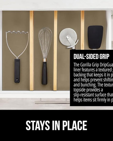 GORILLA GRIP DripGuard Shelf Liner, Non Adhesive Drawer and Kitchen Cabinet Protector, Slip Resistant BPA Free Smooth Surface Plastic Liners for Cabinets, Bathrooms, Closets, 17.5x120 Inch, Beige