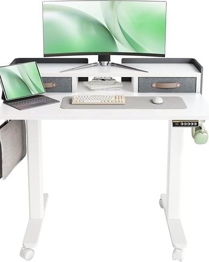 Claiks Standing Desk with Drawers, Adjustable Stand Up Electric Small Standing Desk Adjustable Height with Storage Shelf and Splice Board, 40 Inch, White