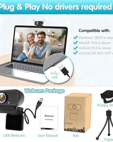 Webcam HD 1080p ,Live Streaming HD Camera with Stereo Microphone, PC Desktop or Laptop USB Webcam with 110 Degree View Angle, for Switch 2,Video Calling, Recording, Conferencing, Streaming, Gaming