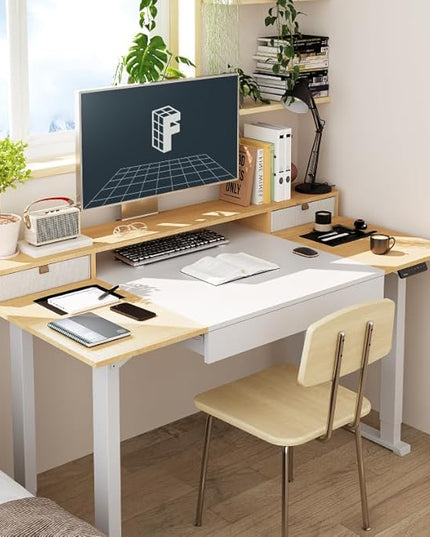 FLEXISPOT 4-Leg Standing Desk with Storage 71x32 in Electric Adjustable Height with 3 Drawers & Shelving Home Office Workstation (White + Maple Top)