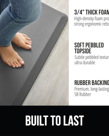 GORILLA GRIP Comfortable Cushioned Kitchen Mats for Floor, 70x24, Waterproof and Stain Resistant Soft Top, 3/4 Inch Thick Ergonomic Standing Desk Anti Fatigue Mat, Foam Supports Ankles and Feet, Gray