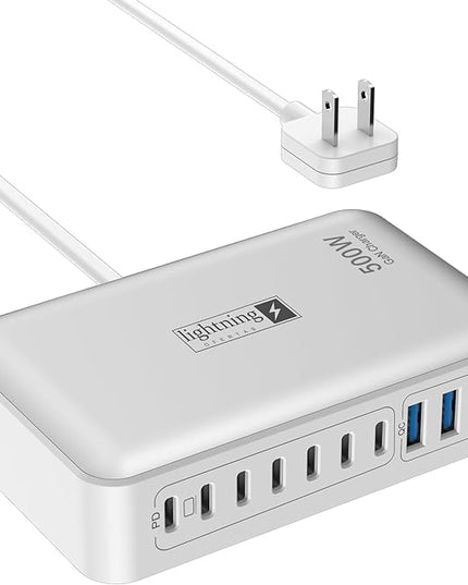 Charging Station for Multiple Devices 500W, 10 Ports Charging Blocks for Laptops/Tablets/Cellphones, 140W Max GaN Charger Super Fast Charging for MacBook, Ipad, iPhone, Power Adapter for Travel