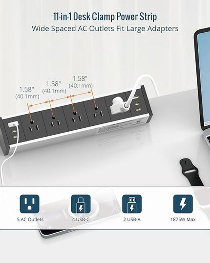 Tecmojo Desk Clamp Power Strip 5 Outlet with 2 USB A and 4 USB C Ports, 6 ft Cord, Desk Outlet Station Fit 1.6" Tabletop Edge,Over Loading Protection,ETL Listed,Black