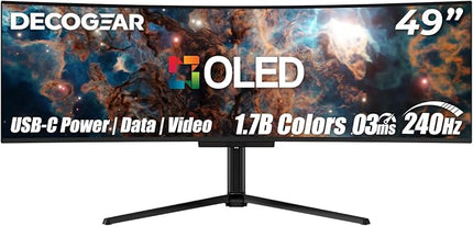 Deco Gear 49-inch QD-OLED Curved Gaming Monitor, 240Hz, 5120x1440 DQHD, Black, 32:9 Ultrawide Display, HDR400, 0.03ms Response, USB-C 90W, KVM Switch
